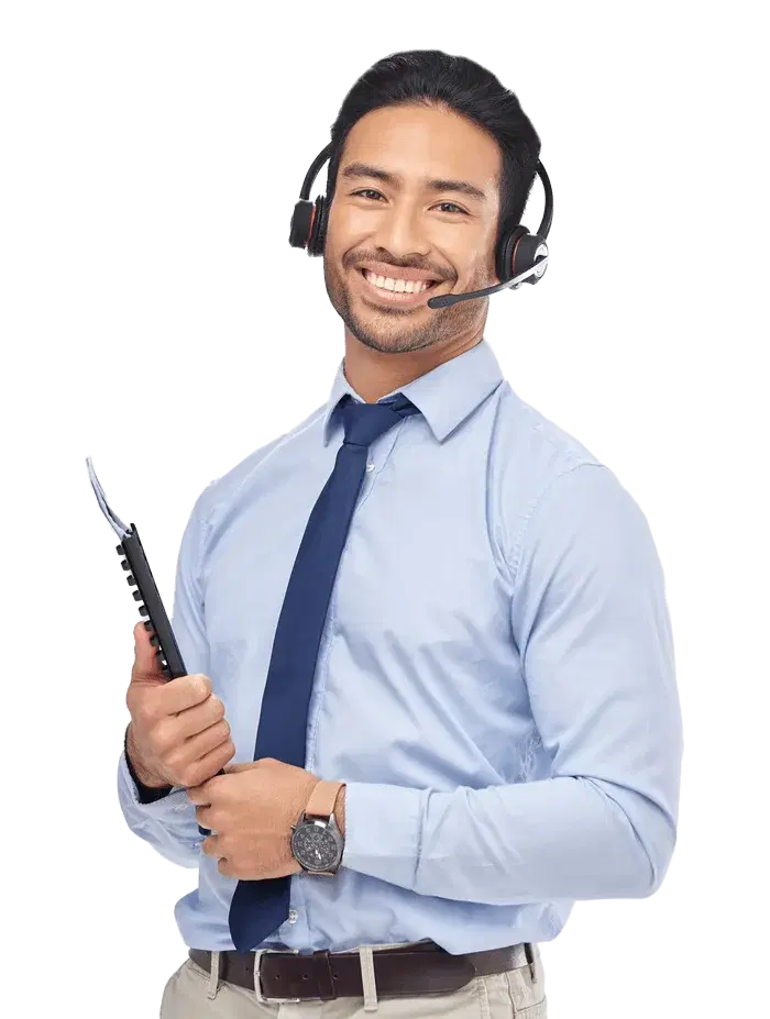 Smiling call center representative with headset